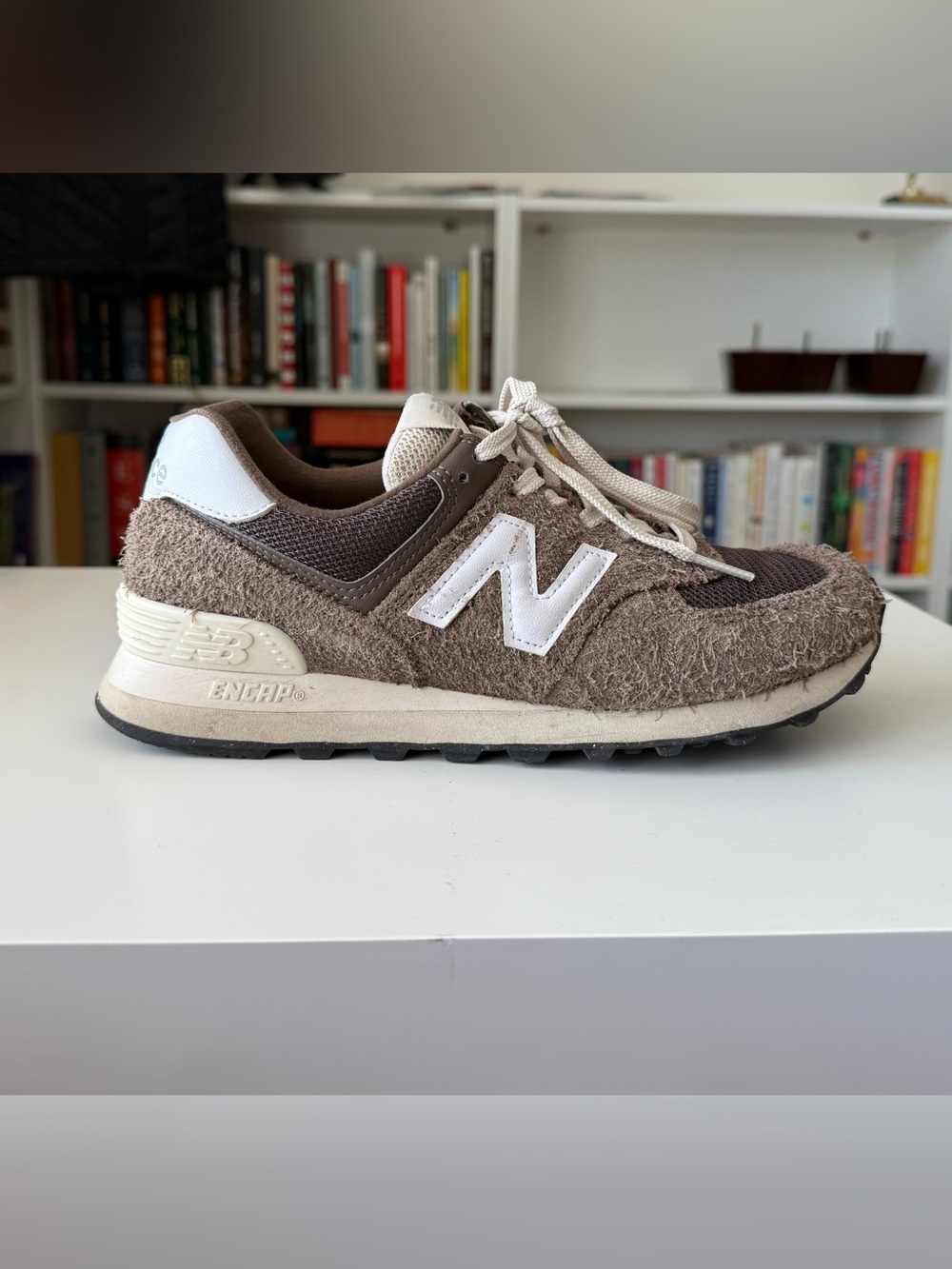 New Balance Brown and White Suede-Texture Sneaker